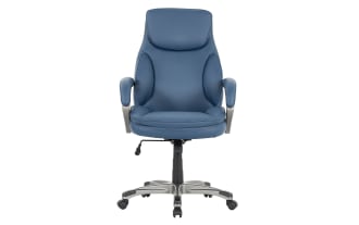 Nyx Blue Adjustable Swivel Office Chair in blue faux leather with memory foam padding, metal base, nylon casters, and ergonomic tilt function.