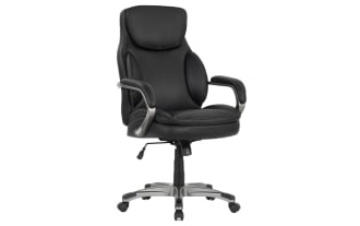 Nyx Black Adjustable Swivel Office Chair with faux leather upholstery, memory foam cushioning, gas lift height, tilt function, and nylon casters.