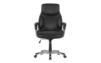 Nyx Black Adjustable Swivel Office Chair with faux leather upholstery, memory foam cushioning, gas lift height, tilt function, and nylon casters.