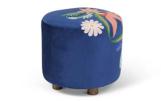 Garren Blue Embroidered Ottoman with vibrant blue polyester velvet fabric, multicolored floral embroidery, round cottage style, hardwood frame, and mango wood legs.