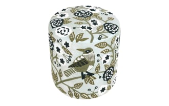 Azriah Green Embroidered Ottoman in light green polyester velvet with black, ivory floral and bird designs, hardwood frame, contemporary style.