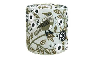 Azriah Green Embroidered Ottoman in light green polyester velvet with black, ivory floral and bird designs, hardwood frame, contemporary style.