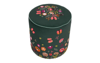 Ventura Green Embroidered Ottoman with plush green polyester velvet, colorful floral and butterfly embroidery, hardwood frame, and mango wood legs.