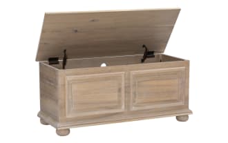 Wooden storage chest with light natural finish, raised panel design, and rounded feet, suitable for living room or bedroom storage.
