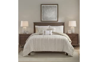 Taupe and white Piper King 3 Piece Comforter Set with oversized stripes, Clip Jacquard texture, cotton fabric, and cottage style design.