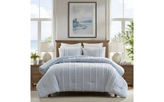 Piper Full/Queen 3 Piece Comforter Set in blue and white cotton with oversized stripes and Clip Jacquard texture, cottage style bedding with two matching shams.