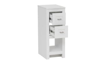White wooden bathroom storage cabinet with two drawers, silver handles, and an open bottom shelf for extra storage.
