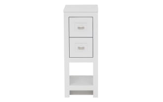 White wooden bathroom storage cabinet with two drawers, silver handles, and an open bottom shelf for extra storage.
