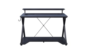 Chuck Gray Gaming Desk in black painted steel and MDF with transitional style, featuring upper monitor shelf, built-in power outlet, USB ports, wireless charging pad, LED lights, cup holder, accessory hook, and lower shelf for tower storage.
