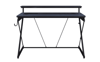 Lee Gray Gaming Desk in black painted steel and MDF with transitional style, featuring dual monitor shelf, LED lights, USB ports, wireless charger, cup holder, and accessory hook.