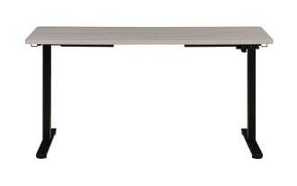Carl Gray 60'' adjustable height desk with a gray MDF top and black steel frame, featuring touch controls and a sleek transitional style for sit-stand workstations.