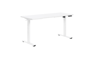 Carl White 60'' adjustable height sit-to-stand desk in white with steel frame, MDF top, touch controls, and programmable memory for ergonomic home office use.