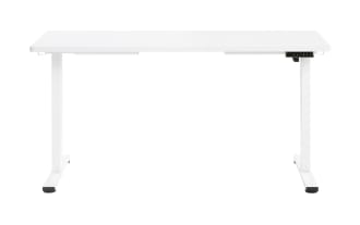 Carl White 60'' adjustable height sit-to-stand desk in white with steel frame, MDF top, touch controls, and programmable memory for ergonomic home office use.