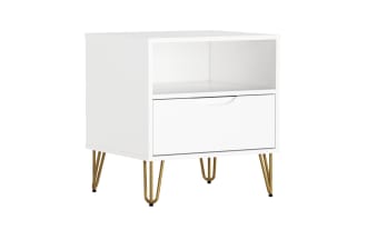 White modern nightstand with a single drawer and open shelf, featuring gold metal hairpin legs, suitable for bedroom storage.