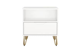 White modern nightstand with a single drawer and open shelf, featuring gold metal hairpin legs, suitable for bedroom storage.