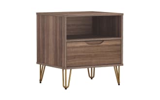 Mid-century modern wooden nightstand with walnut finish, open shelf, single drawer, and gold metal hairpin legs for bedroom storage.