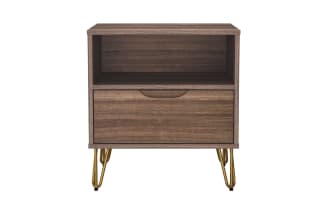 Mid-century modern wooden nightstand with walnut finish, open shelf, single drawer, and gold metal hairpin legs for bedroom storage.