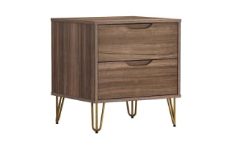 Mid-century modern wooden nightstand with two drawers, walnut finish, and gold metal hairpin legs, ideal for bedroom storage.