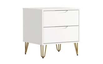 White modern nightstand with two drawers, gold metal hairpin legs, minimalist design, and integrated drawer pulls for bedroom storage.