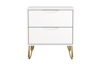 White modern nightstand with two drawers, gold metal hairpin legs, minimalist design, and integrated drawer pulls for bedroom storage.