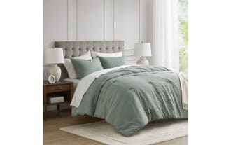 Anna Full/Queen Green Solid 3 Piece Comforter Set with waffle-weave polyester fabric, light green color, contemporary style, includes comforter and two pillow shams.