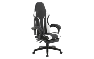 Sarah Black & White Gaming Chair with transitional style, black and white polyurethane upholstery, adjustable reclining backrest, lumbar support, swivel base, and pull-out footrest.