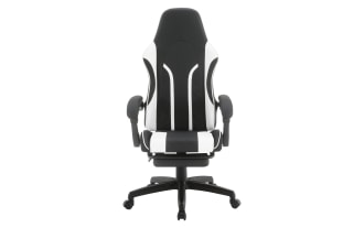 Sarah Black & White Gaming Chair with transitional style, black and white polyurethane upholstery, adjustable reclining backrest, lumbar support, swivel base, and pull-out footrest.