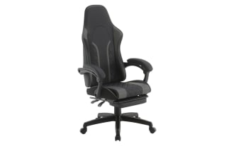 Black and gray ergonomic gaming chair with high backrest, padded armrests, quilted seat, and adjustable caster wheels for office or gaming use.
