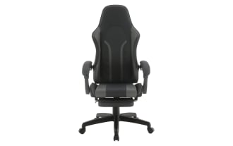 Black and gray ergonomic gaming chair with high backrest, padded armrests, quilted seat, and adjustable caster wheels for office or gaming use.