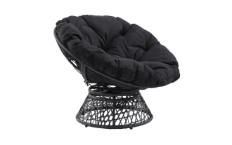 Black papasan chair with cushioned seat and woven rattan base, designed for comfortable lounging and modern home decor.