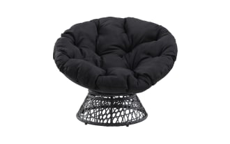 Black papasan chair with cushioned seat and woven rattan base, designed for comfortable lounging and modern home decor.