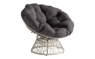 Valencia Gray & Cream Swivel Papasan Chair with plush gray polyester cushion, PE rattan frame, steel base, and 360-degree swivel in transitional style.