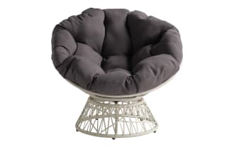 Valencia Gray & Cream Swivel Papasan Chair with plush gray polyester cushion, PE rattan frame, steel base, and 360-degree swivel in transitional style.