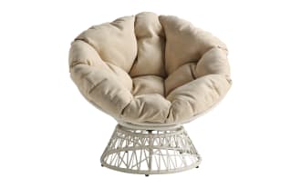 Round papasan chair with a beige, tufted cushion and a white woven rattan base, designed for comfortable indoor or outdoor seating.