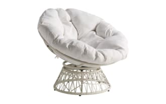 Round papasan chair with a white rattan base and thick, plush, light gray cushioned seat, designed for comfortable seating.