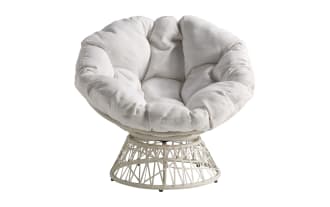 Round papasan chair with a white rattan base and thick, plush, light gray cushioned seat, designed for comfortable seating.