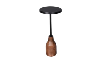Sharday Black & Brown Round Accent Table with metal top, iron stem, and ribbed wooden base in transitional style, compact and durable for living spaces.