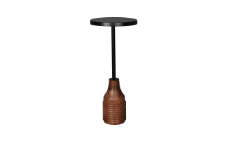 Sharday Black & Brown Round Accent Table with metal top, iron stem, and ribbed wooden base in transitional style, compact and durable for living spaces.