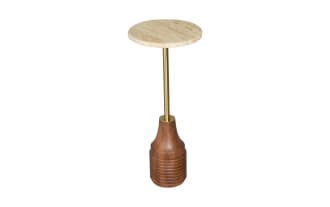 Sharday Ivory Travertine & Brown Round Accent Table with stone top, brass metal stem, and carved wood base in transitional style for compact modern decor.