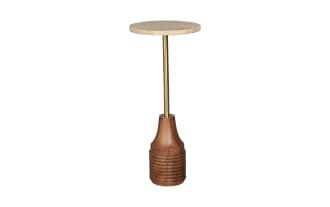 Sharday Ivory Travertine & Brown Round Accent Table with stone top, brass metal stem, and carved wood base in transitional style for compact modern decor.