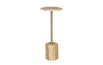 Hexagonal beige travertine side table with a gold metal rod connecting the top and base, featuring a modern geometric design.