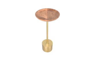 Modern side table with a round wooden top and a slim gold metal pedestal base, ideal for living room or bedroom decor.