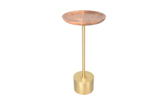Modern side table with a round wooden top and a slim gold metal pedestal base, ideal for living room or bedroom decor.