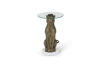Bronze leopard sculpture side table with textured pattern, round clear glass top, and white marble base, modern animal decor furniture.