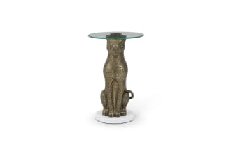 Bronze leopard sculpture side table with textured pattern, round clear glass top, and white marble base, modern animal decor furniture.