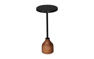 Modern side table with a round black metal top, slender black metal stem, and a curved wooden base in natural brown finish, suitable for living rooms.