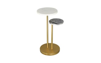 Modern two-tier side table with round white and gray marble tops, supported by gold metal frame and base, ideal for living room decor.