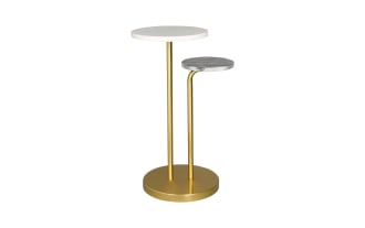 Modern two-tier side table with round white and gray marble tops, supported by gold metal frame and base, ideal for living room decor.