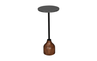 Small round side table with a black marble top, slender black metal stem, and a rounded wooden base in natural brown finish.