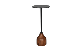 Small round side table with a black marble top, slender black metal stem, and a rounded wooden base in natural brown finish.